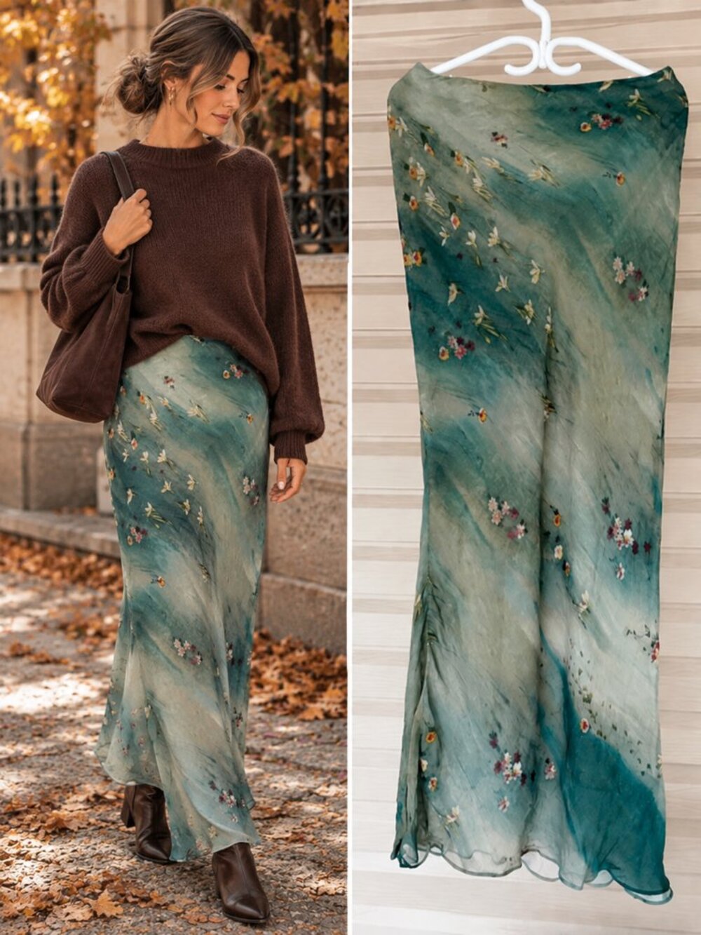 Zara Green Blue Floral Print Maxi Skirt Sheer Lightweight Boho Y2K M